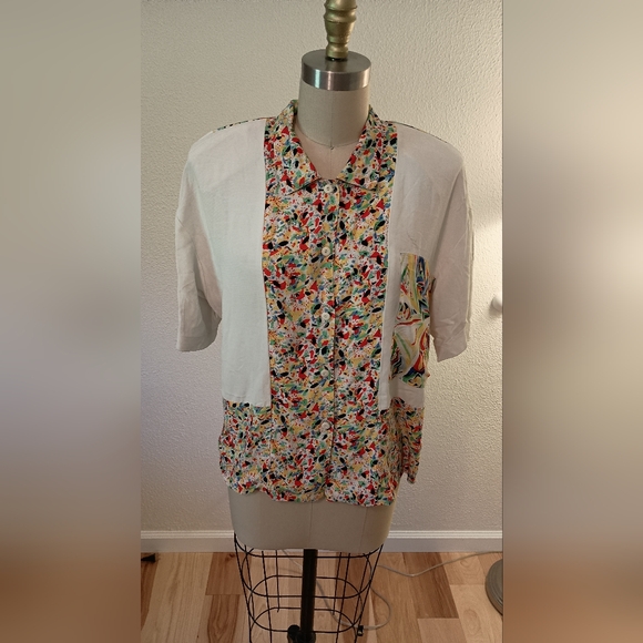 Vintage 80s Geometric Short-Sleeve Blouse - Picture 1 of 5